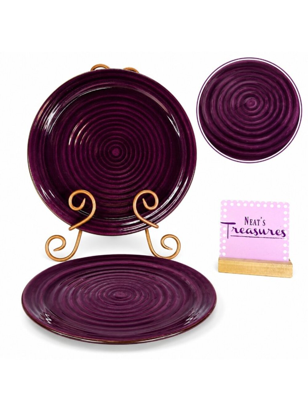 Artimino VILLA CORTONE PLUM Embossed Rings Rim Brown Trim Dinner Plates Set 2